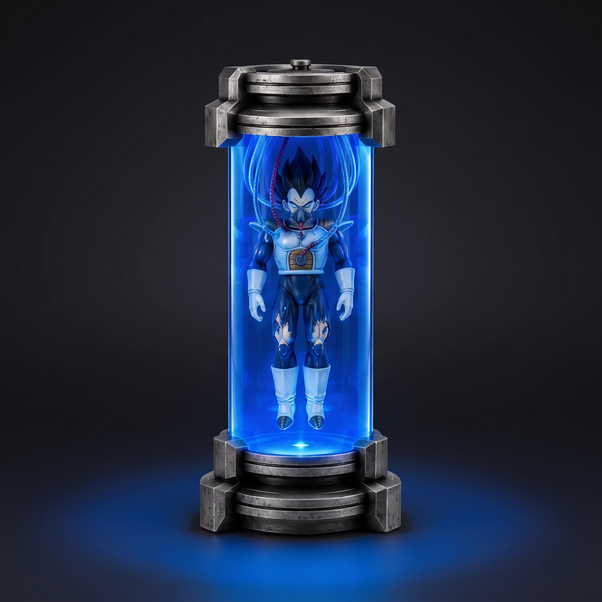 Healing Pod Lamp - Vegeta, front view, glowing blue