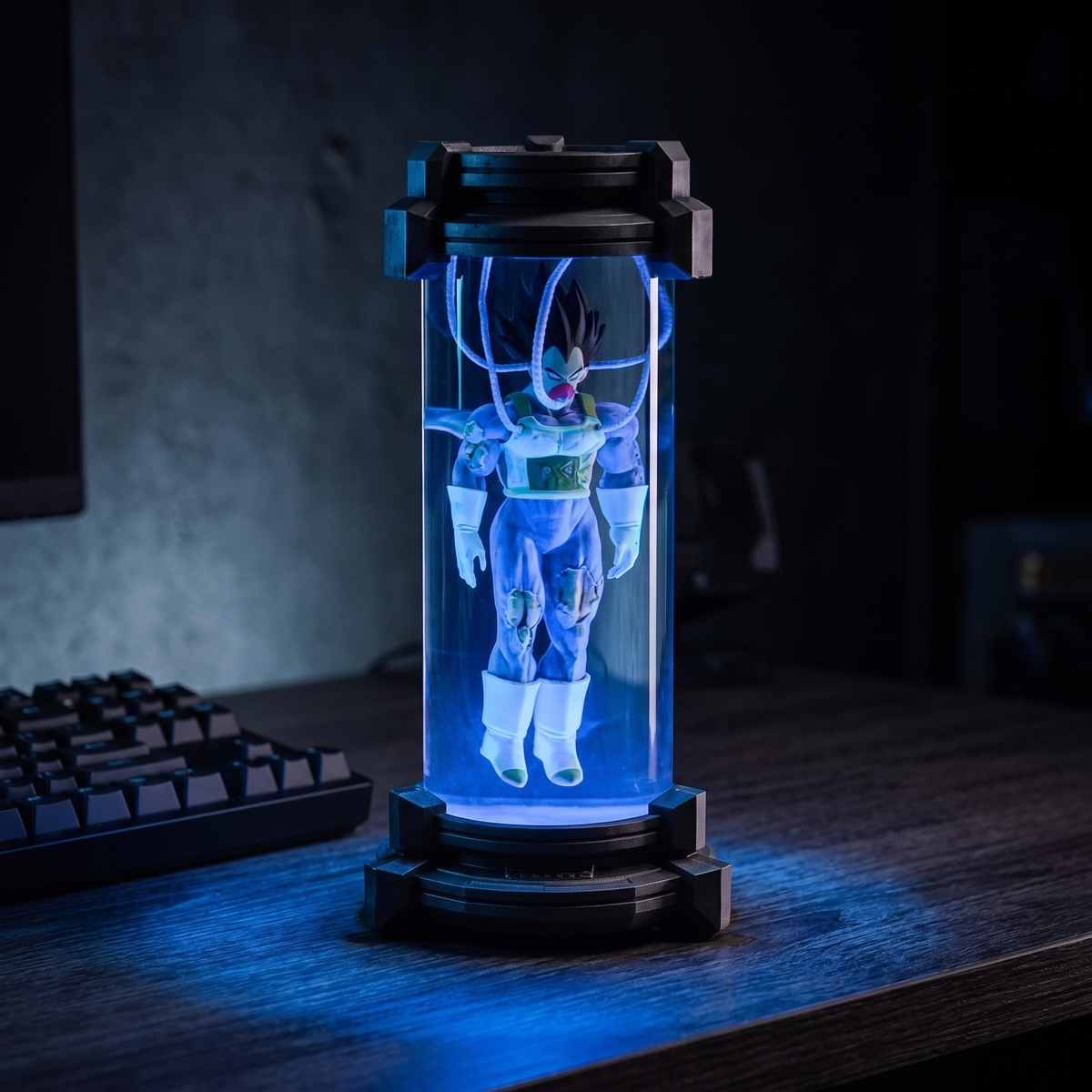 Healing Pod Lamp - Vegeta, lit on a desk in a dark room