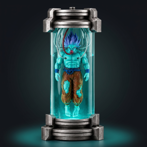 Healing Pod Lamp - Goku, front view, glowing teal